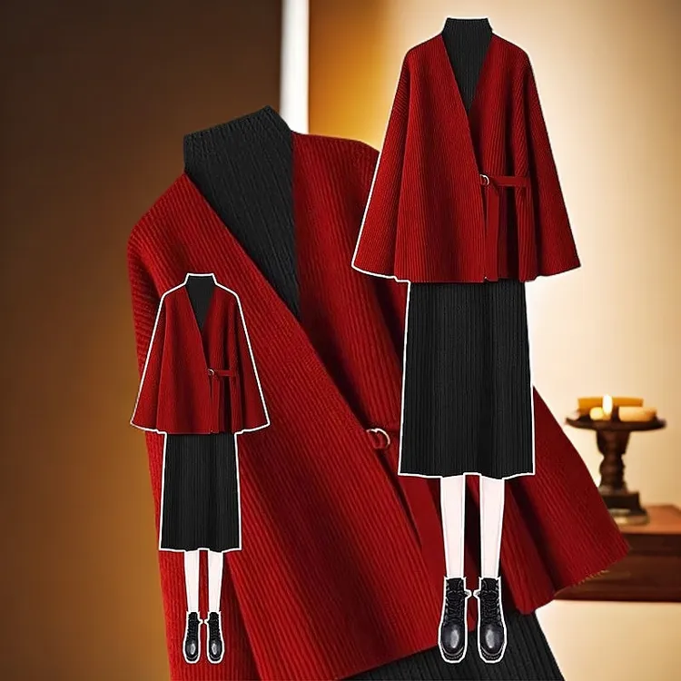 深冬装搭配一整套2023新款胖mm时尚遮肉毛衣收腰连衣裙显瘦两件套