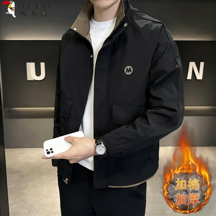 啄木鳥正品男士时尚休闲潮流帅气二棉秋冬季立领韩版修身夹克外套