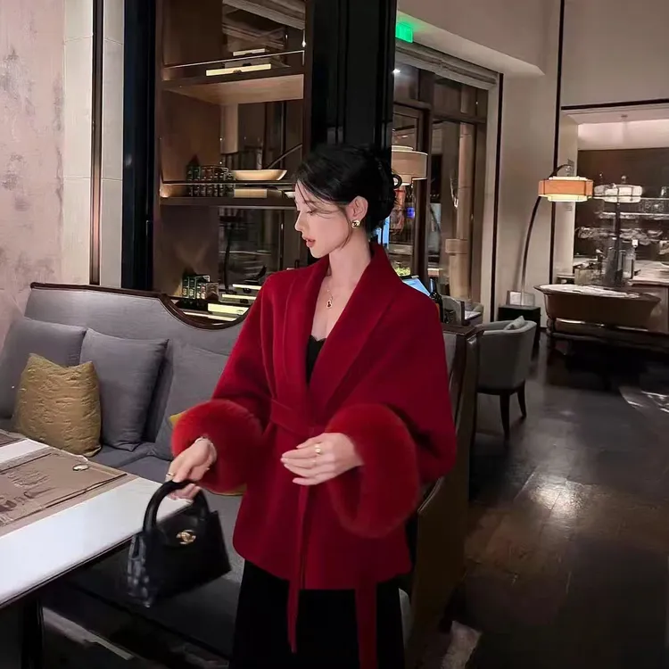 红色双面羊绒大衣女秋冬新款千金气质狐狸毛结婚新娘羊毛呢外套
