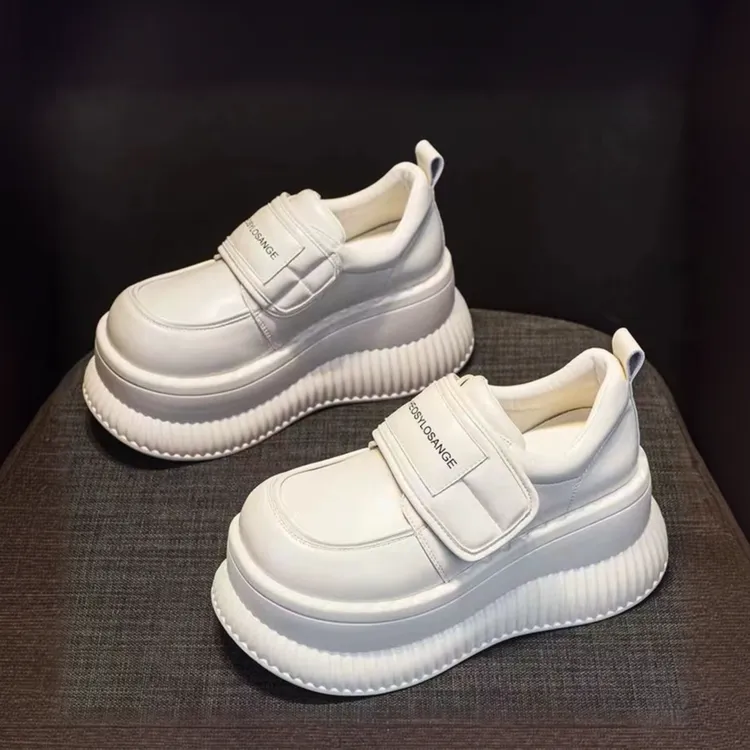 小个子增高6cm厚底乐福鞋女款春秋新款时尚魔术贴百搭单鞋小皮鞋