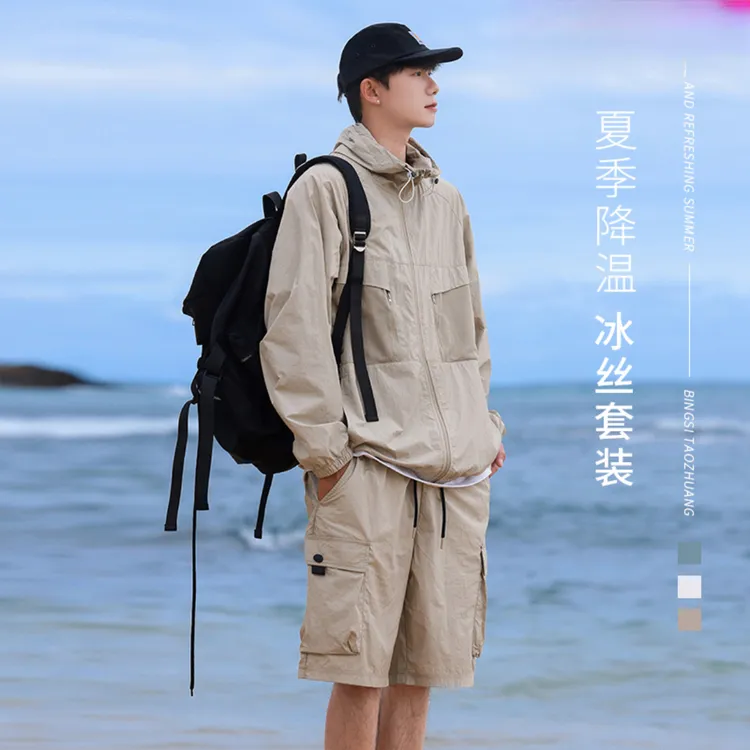 夏季新款冰丝套装男士夏季薄款防晒休闲运动搭配帅气两件套透气男