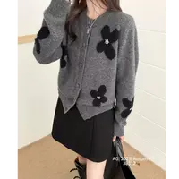 【运费补贴】花朵烫钻包扣百搭针织开衫女毛衣外套气质宽松上衣