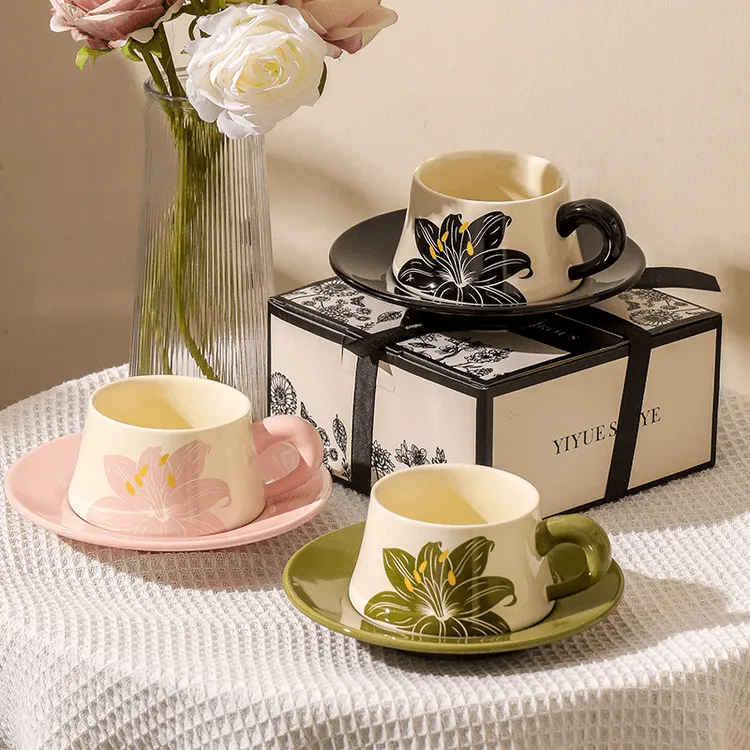 家用中古百合花咖啡杯碟咖啡杯子婚庆礼品红茶杯伴手礼情人节礼物