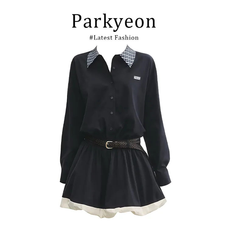 INS CEC格纹翻领长袖连衣裙女2025早秋学院风收腰花苞衬衫短裙