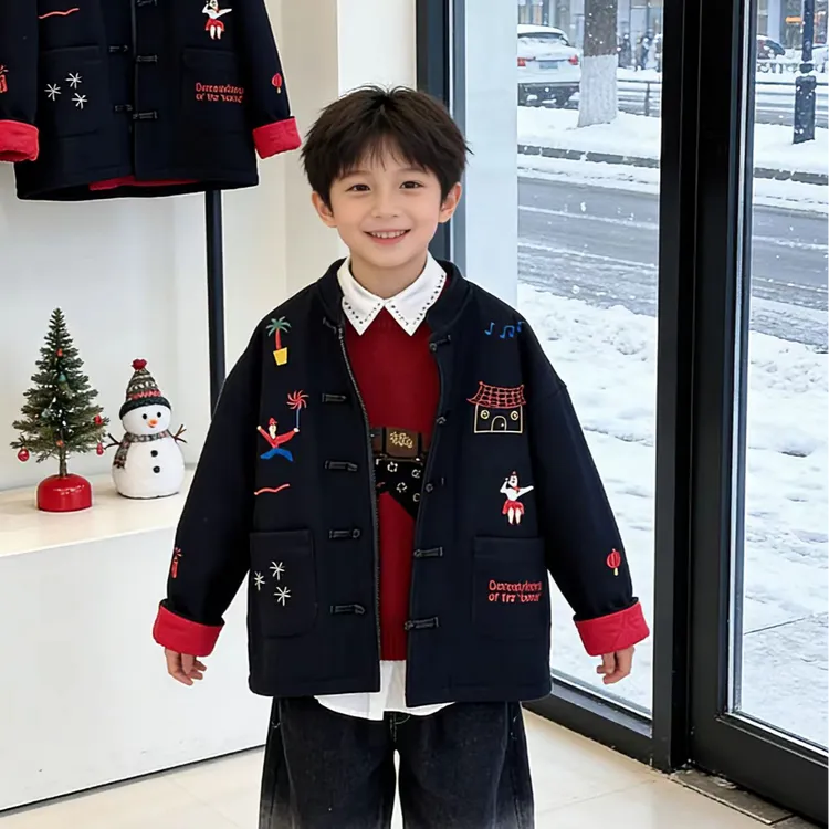 男童外套呢子大衣2025新款夹棉加厚宽松风衣中大童冬装棉服潮