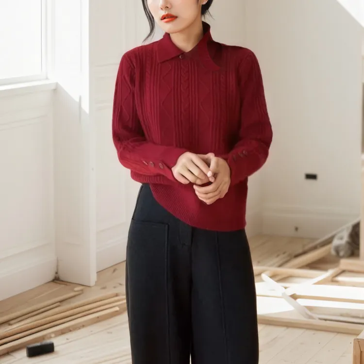 冬季百搭简约时尚长袖休闲宽松保暖翻领小麻花针织衫女LK2508949