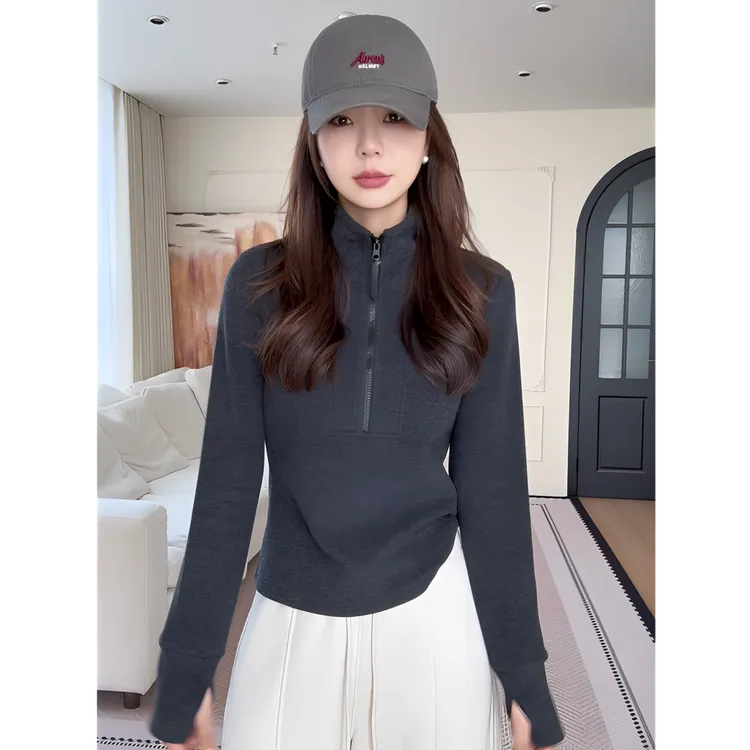  【余欢欢】冬季休闲显瘦百搭半拉链立领打底-YHW50997