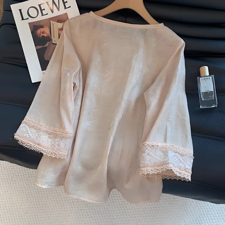 粉色新中式暗纹拼接蕾丝七分袖衬衫女夏复古禅意气质温柔国风上衣