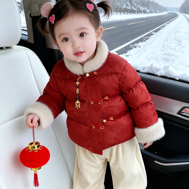 m339装中式加绒夹棉外套女童汉服加厚短款连帽中国风保暖冬季红色