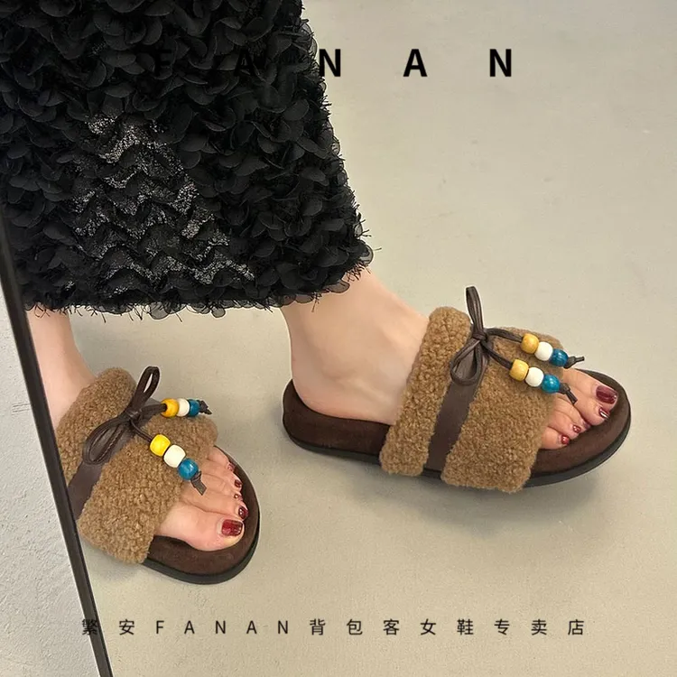 复古法式蝴蝶结勃肯棉拖鞋女厚底2025秋冬新款绝美外穿加绒毛毛拖