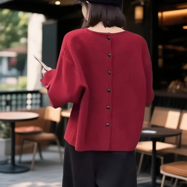 女秋冬小个子宽松慵懒风短款红色毛衣女本命年红毛衣宽松圆领上衣