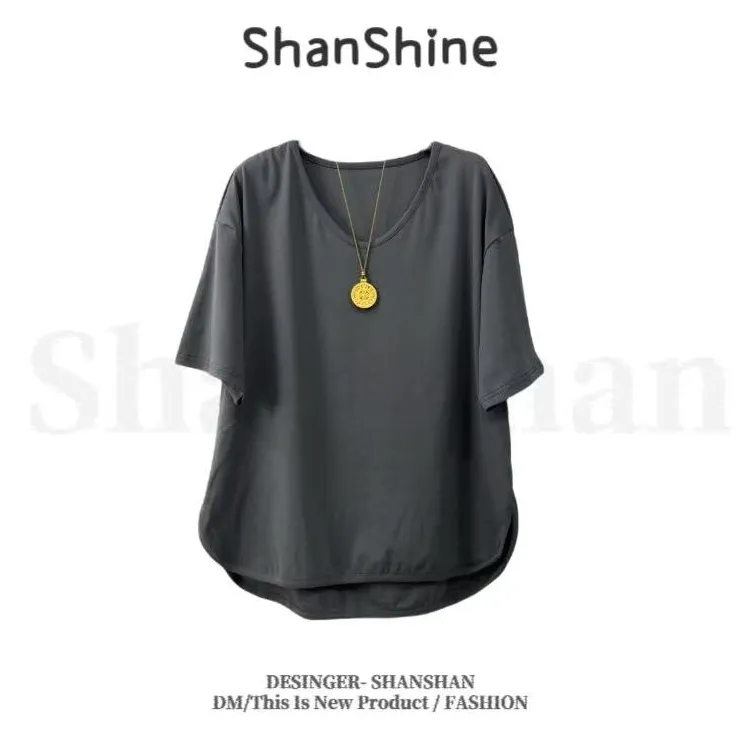 新款高品质纯色慵懒风宽松通勤短袖T恤