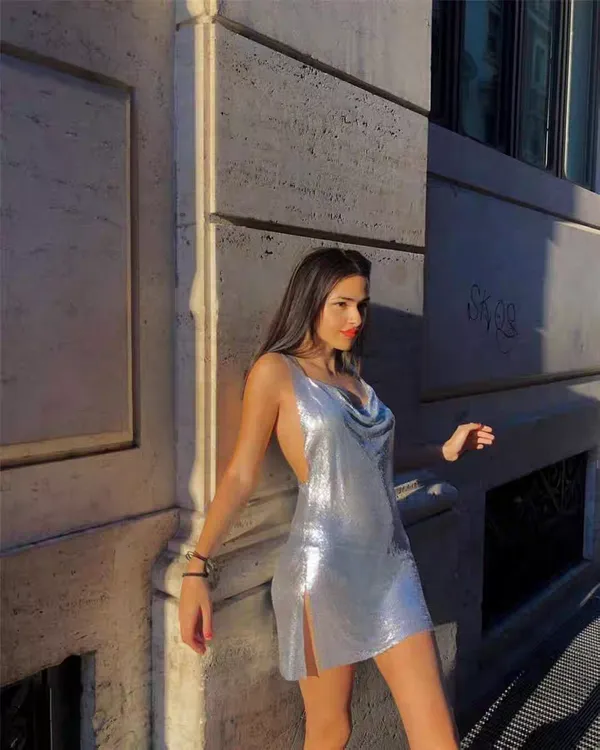 欧美风金属亮连衣裙开叉裙吊带挂脖连衣短连衣裙