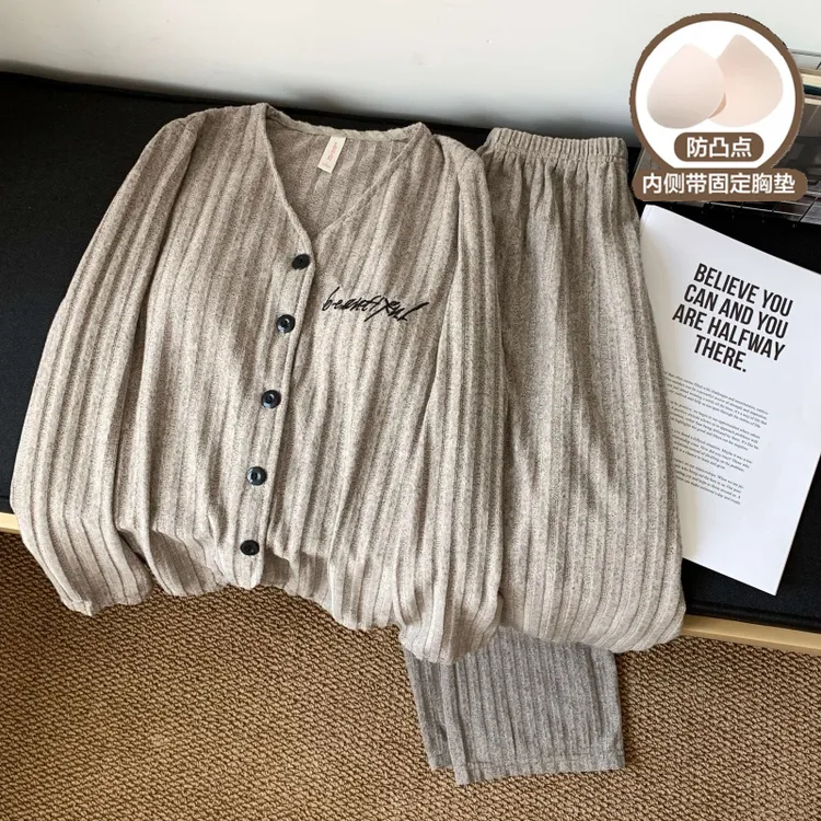 韩系ins睡衣女春秋季带胸垫家居服长袖长裤套装甜美2025秋冬短款