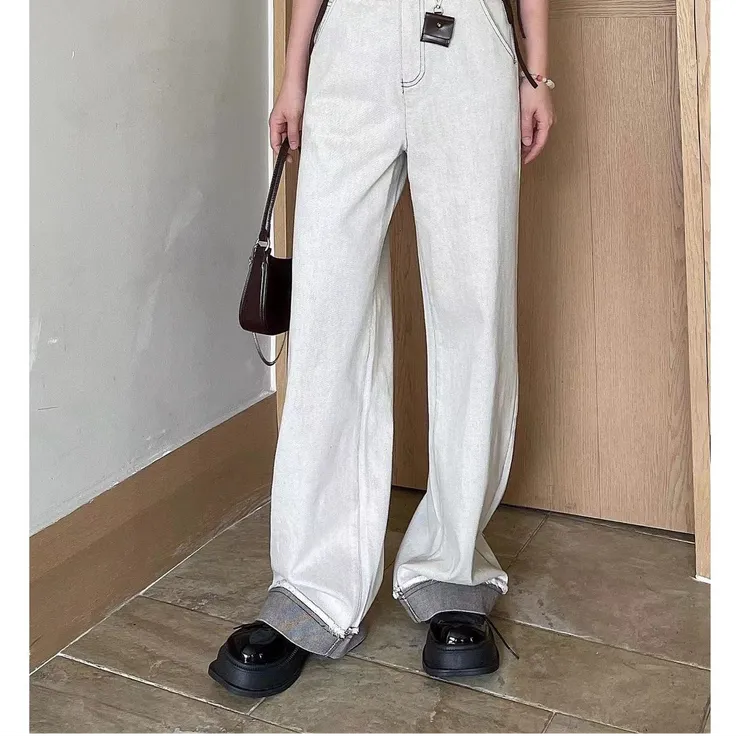 KIKI严选：2251-1-N家欧货南油拼接撞线高腰显瘦直筒裤子垂感拖地