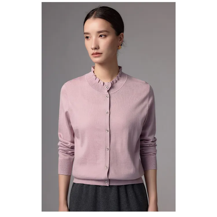 可机洗精纺100%羊毛属于木耳领针织开衫名媛高级感长袖毛衣打底衫