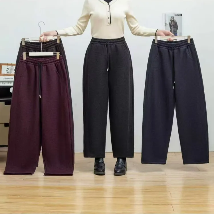 原宿风纯色九分裤拼接高腰休闲裤女保暖暖裤秋冬加厚加绒休闲裤