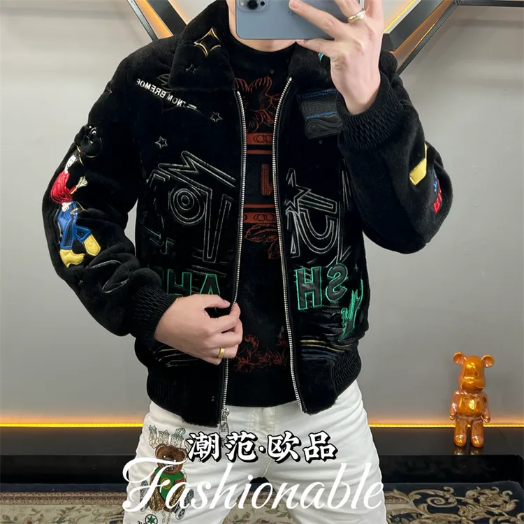 欧洲站冬季新款男士夹克刺绣貂绒时尚潮流加厚外套