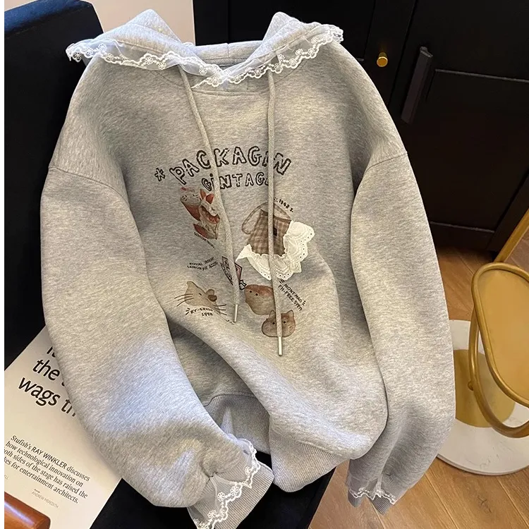 中大童春秋连帽蕾丝花边卫衣女童洋气长袖上衣初高中生印花衣服