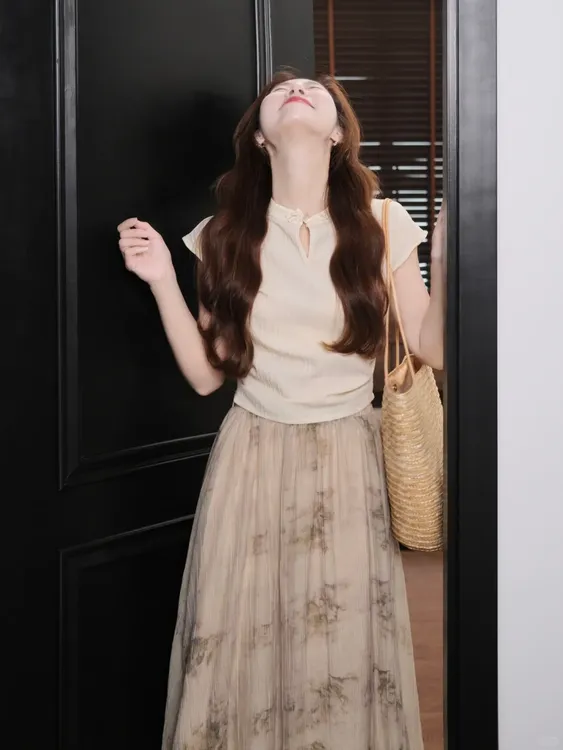 新中式国风盘扣设计感短袖T恤女夏季高腰显瘦大摆半裙两件套装女