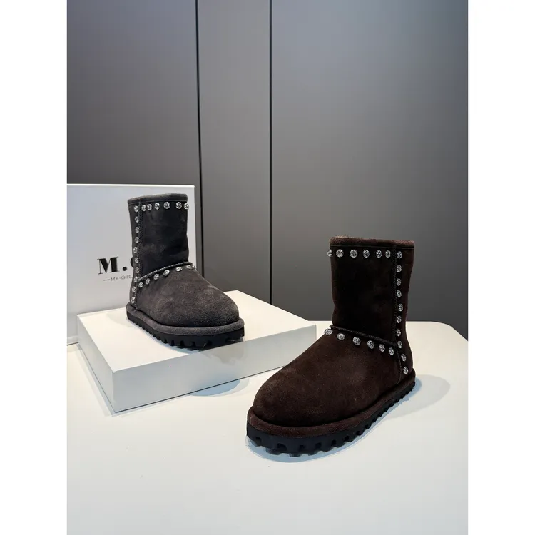 雪地靴女2025冬季新款真皮时尚平底加绒防滑保暖中筒机车面包棉靴