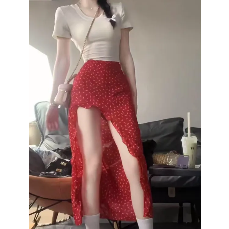 【薄荷雪糕】气质显瘦基础穿搭短袖T恤上衣女不规则半身裙两件套装