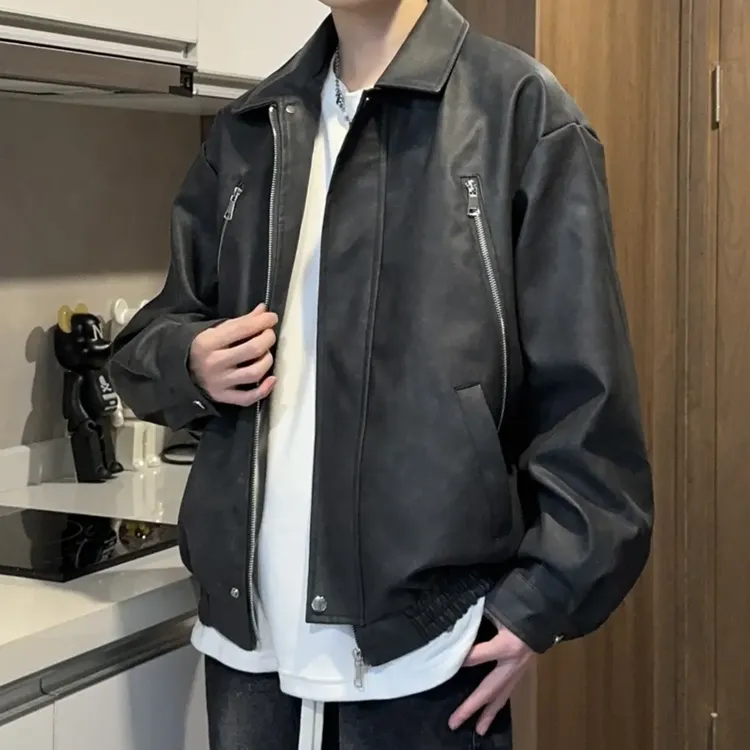 JUJUPS春季美式复古皮衣潮牌夹克宽松休闲男外套痞帅机车服上衣