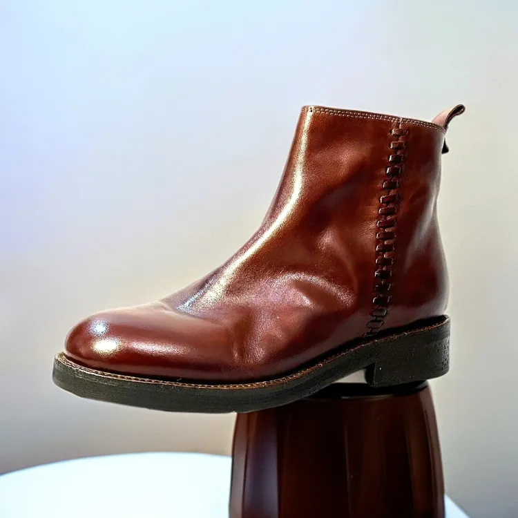 秋冬水洗马皮马丁靴真皮手工粗跟时装靴女士短靴圆头复古单靴靴子