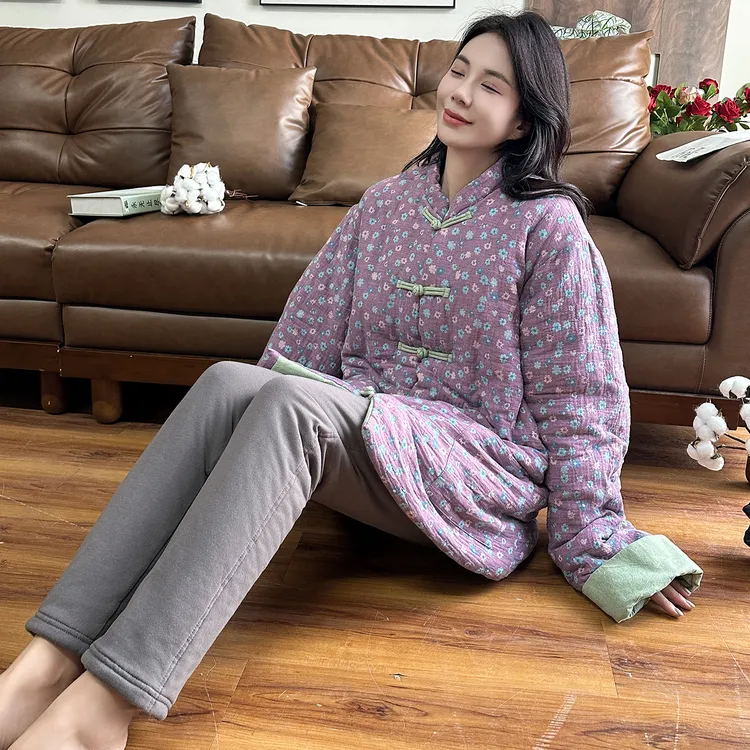 大码家居服胖mm冬可外穿新疆棉加厚保暖棉服200斤秋冬复古碎花袄