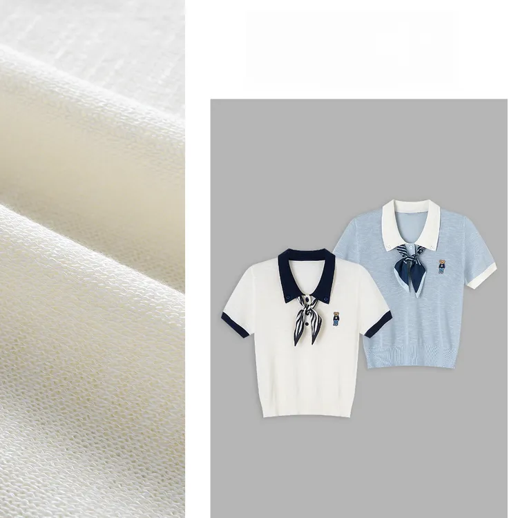 撞色翻领冰丝短袖t恤女夏季新款精致丝带设计款流光风针织上衣