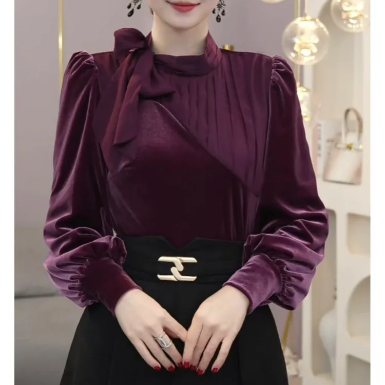 现货2025秋冬新款【ZM23-Q185】高级气质轻奢小众时尚丝绒显瘦上衣