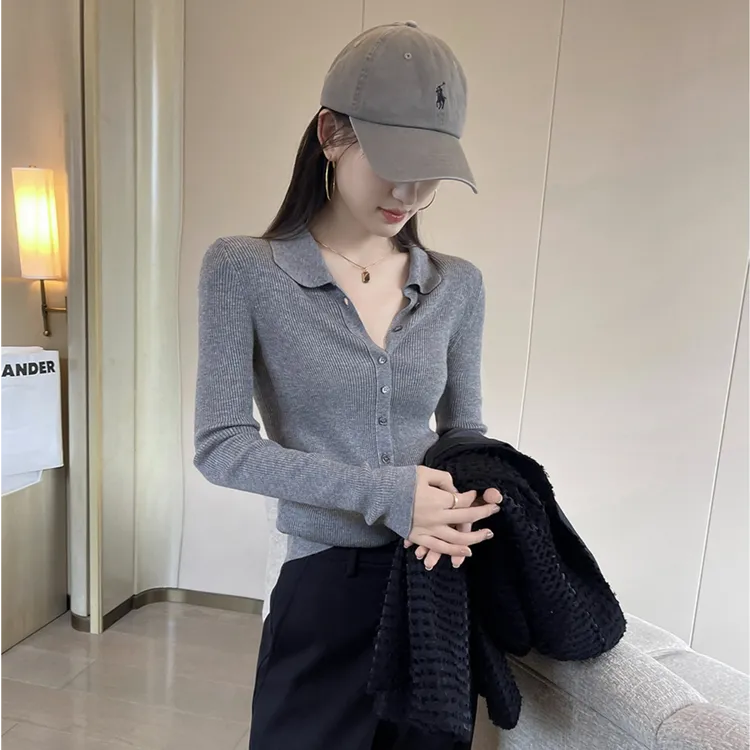 灰色翻领长袖毛衣针织衫女秋冬季慵懒风修身显瘦软糯百搭打底上衣