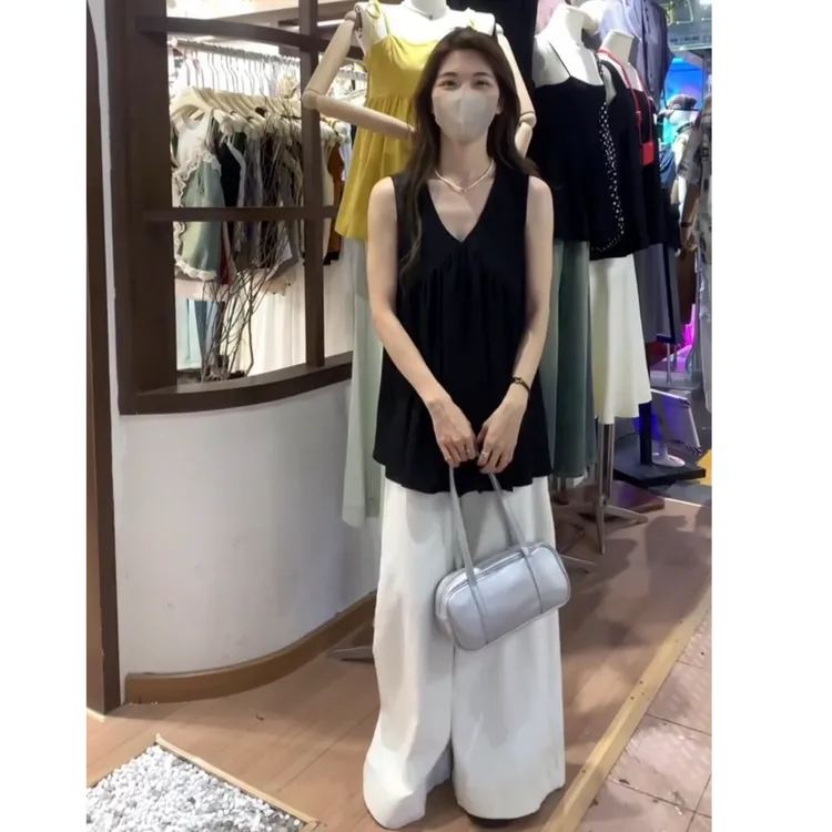 超好看中长款黑色背心女夏季25新款设计感小个子无袖V领上衣套装