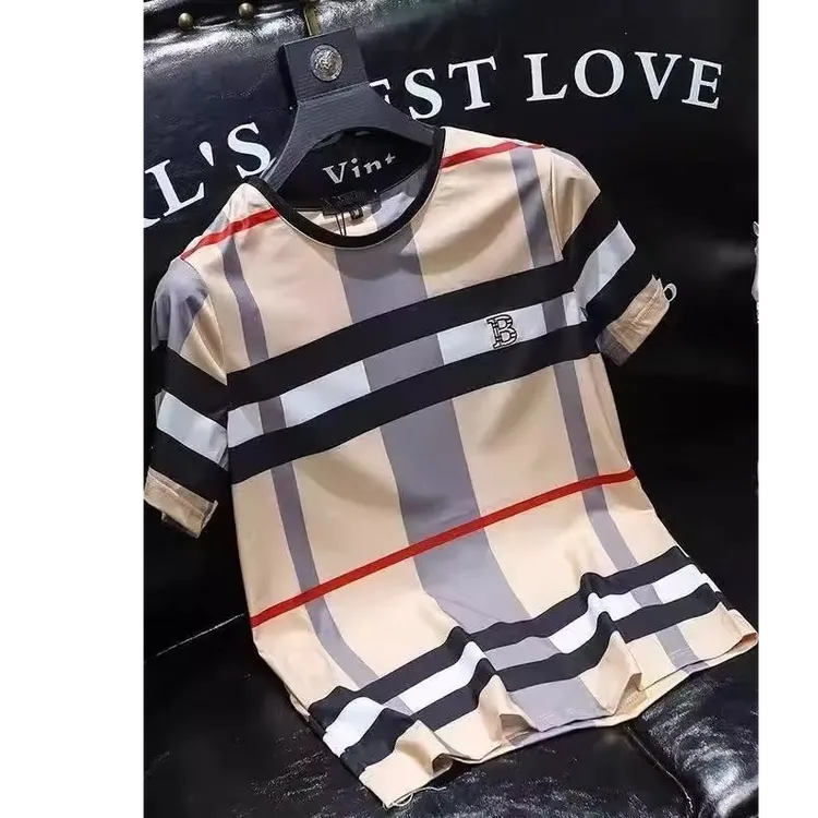 保登皮兹2025夏季短袖t恤男新款冰丝格子B字母印花青春大码体恤