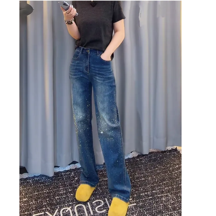 2025秋冬高腰直筒高级感拖地长裤牛仔裤大码胖mm烫钻渐变阔腿裤女