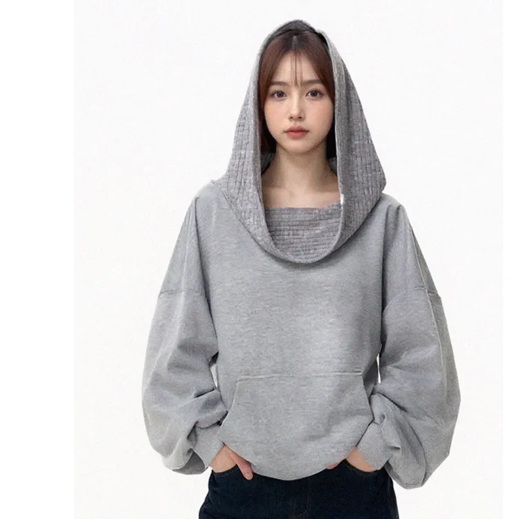 一字肩灰色长袖连帽卫衣外套女秋冬设计感小众露肩套头慵懒风上衣
