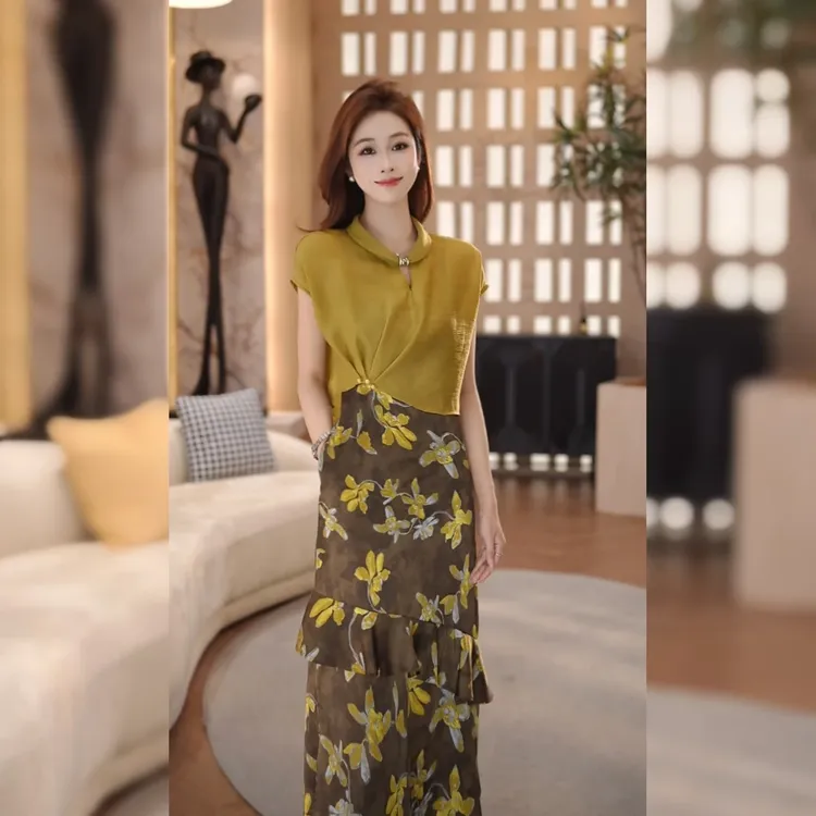 暮色新款法式复古碎花不规则裙摆知性两件套连衣裙