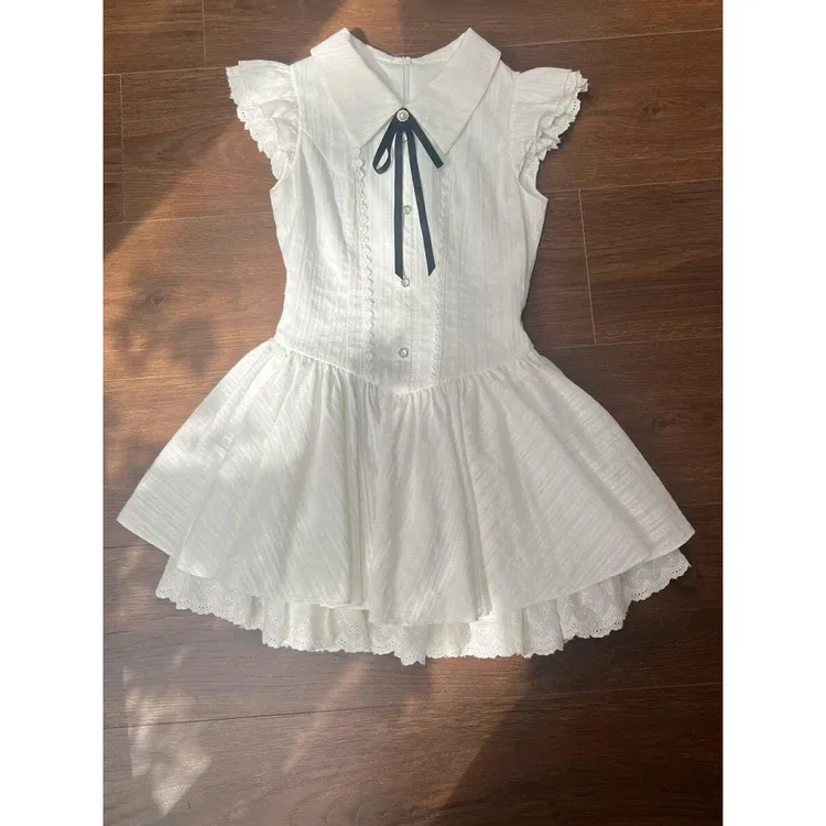 韩系学院风小飞袖蛋糕连衣裙女夏季温柔甜美初恋感公主蓬蓬短裙子