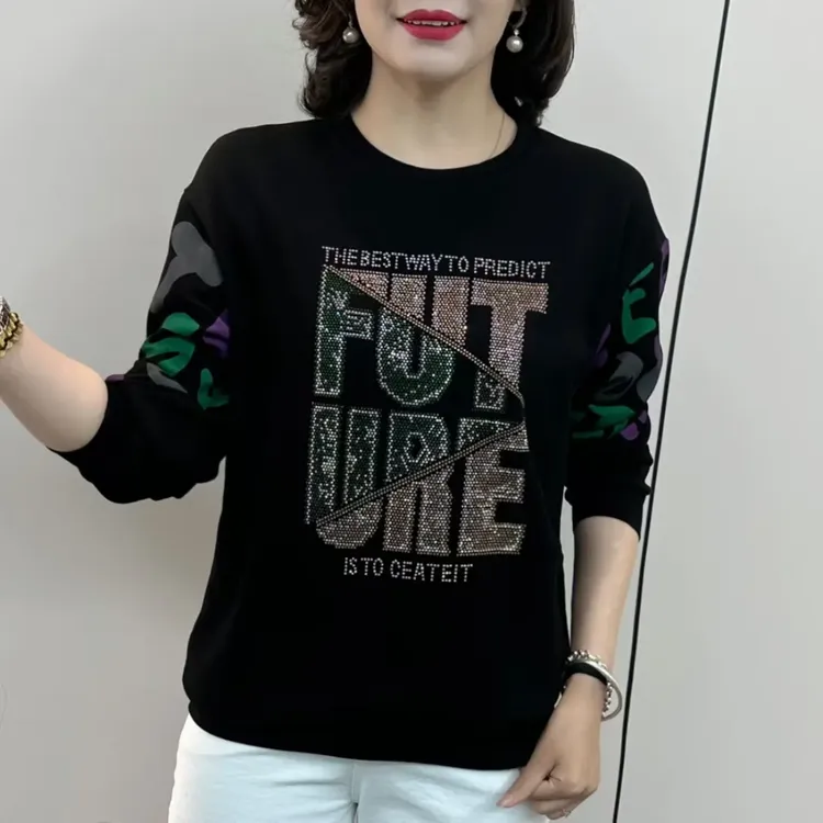 秋季新款字母烫钻宽松显瘦圆领卫衣印花百搭时尚洋气长袖休闲上衣