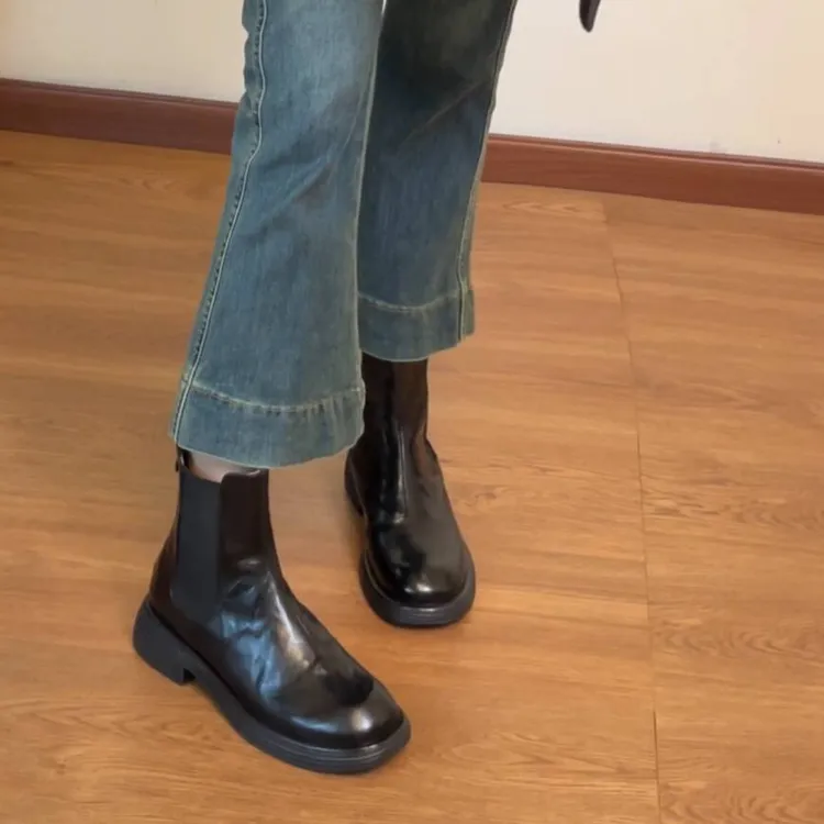 羊皮清仓断码真皮切尔西靴女粗跟2025秋冬季时尚圆头加绒厚底短靴