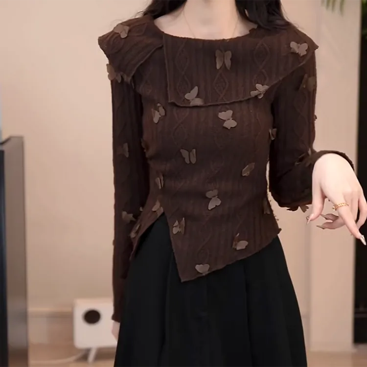 【奈良鹿丸】千金风蝴蝶结立体装饰针织衫女秋季C6515