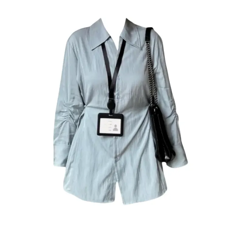 2025款四季通用POLO领衬衫设计感收腰显瘦衬衣中长款排扣上衣8253