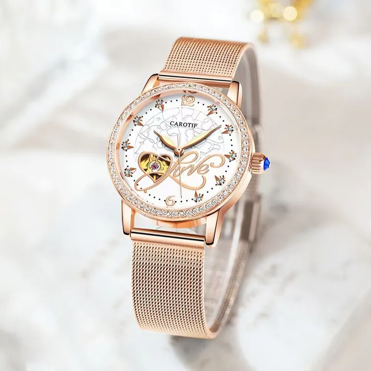 潮款欧美风奢华休闲精致镶钻显白机械表指针式高颜值女生手表夜光