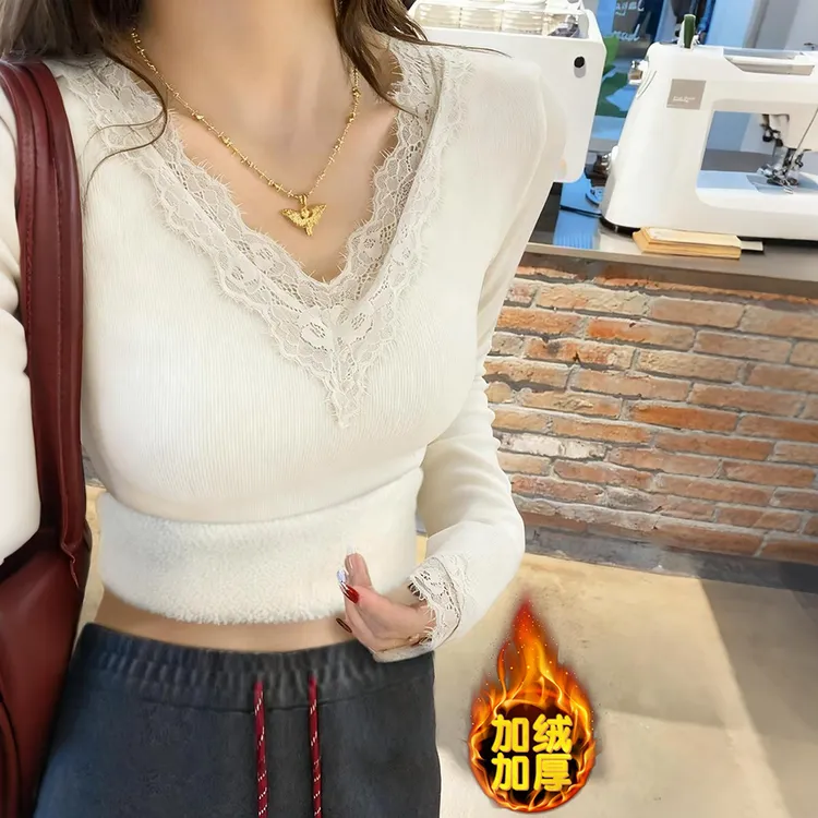 加绒加厚打底衫女爆款2025新款纯欲蕾丝保暖内搭修身洋气高贵上衣
