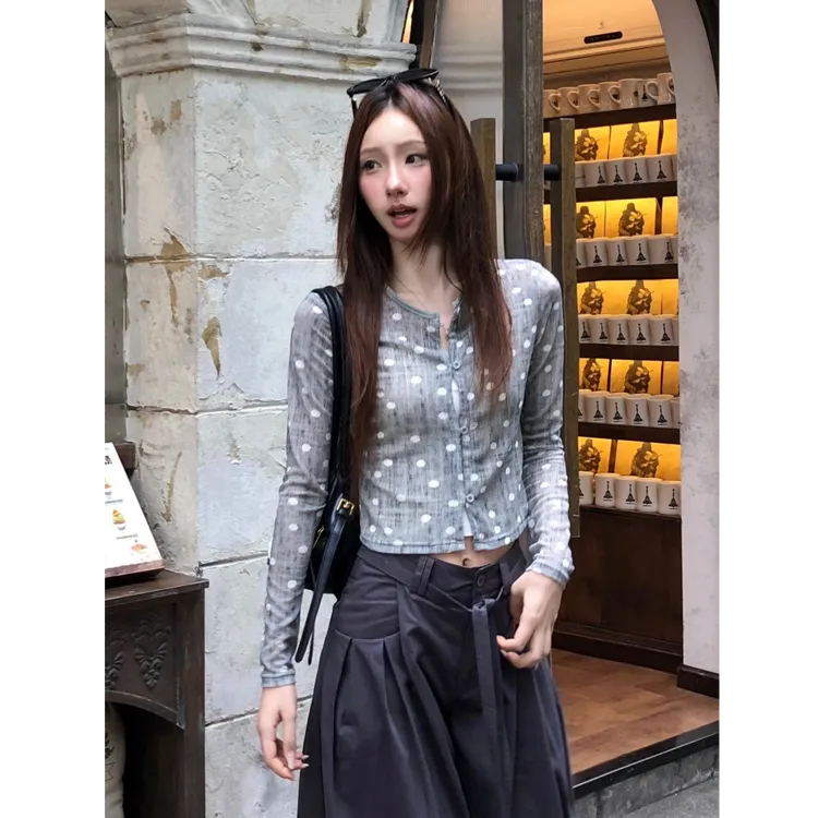 早秋新款印花波点短款长袖针织开衫小众辣妹L3863