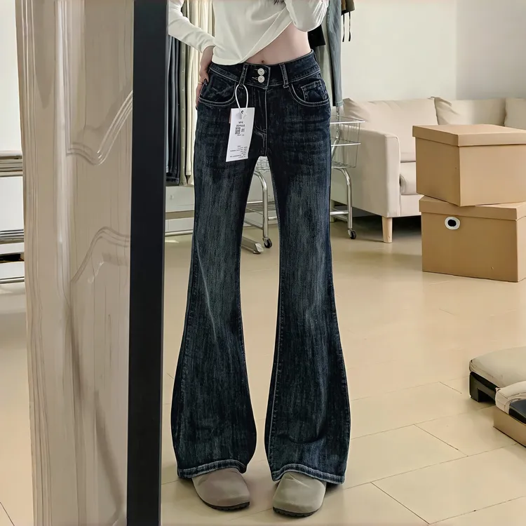 新纯欲慵懒风掐腰微喇裤双扣中腰牛仔裤女冬季小个子加厚加绒裤子