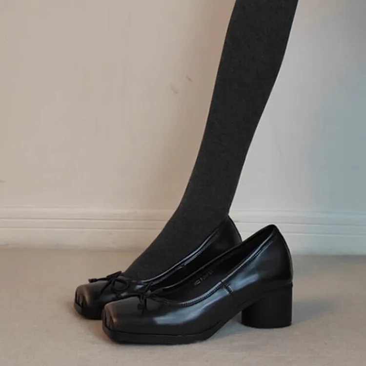 羊皮版~法式复古方头蝴蝶结一脚蹬芭蕾舞单鞋女真皮粗跟玛丽珍鞋