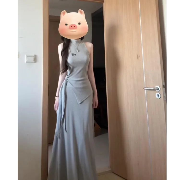 夏季新款灰色针织套装气质挂脖针织绑带上衣女收腰显瘦半身裙套装