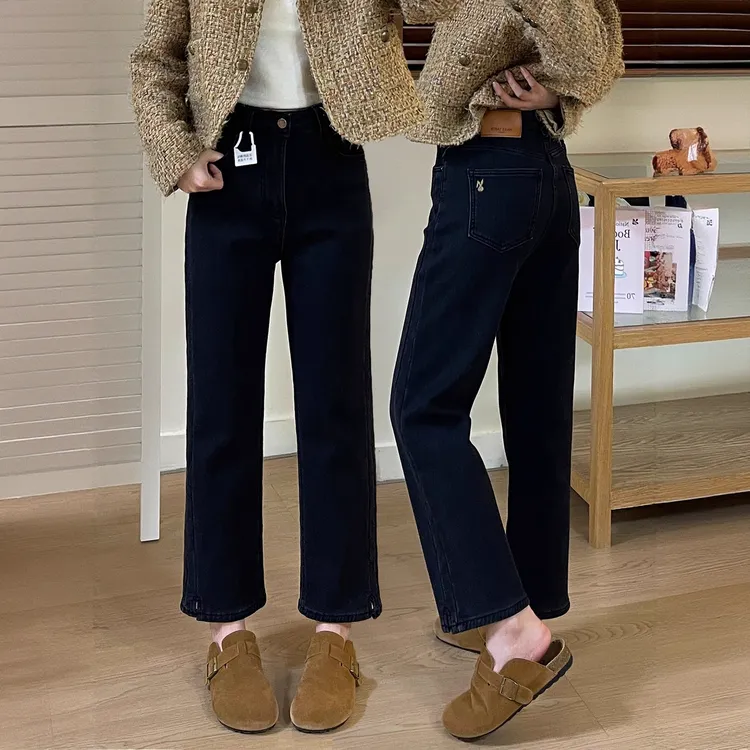 冬季加绒窄版小直筒开叉烟管裤大码女装高腰遮肉显瘦小个子8分裤