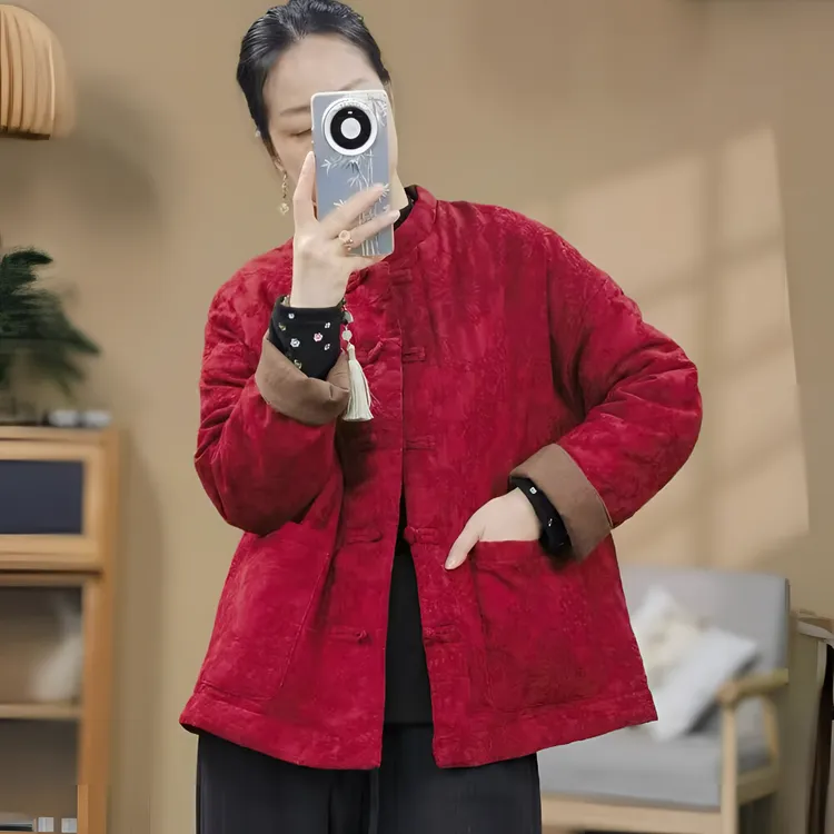 新中式复古盘扣亚麻炒色提花夹棉拜年棉服老钱风松弛感女装贵气